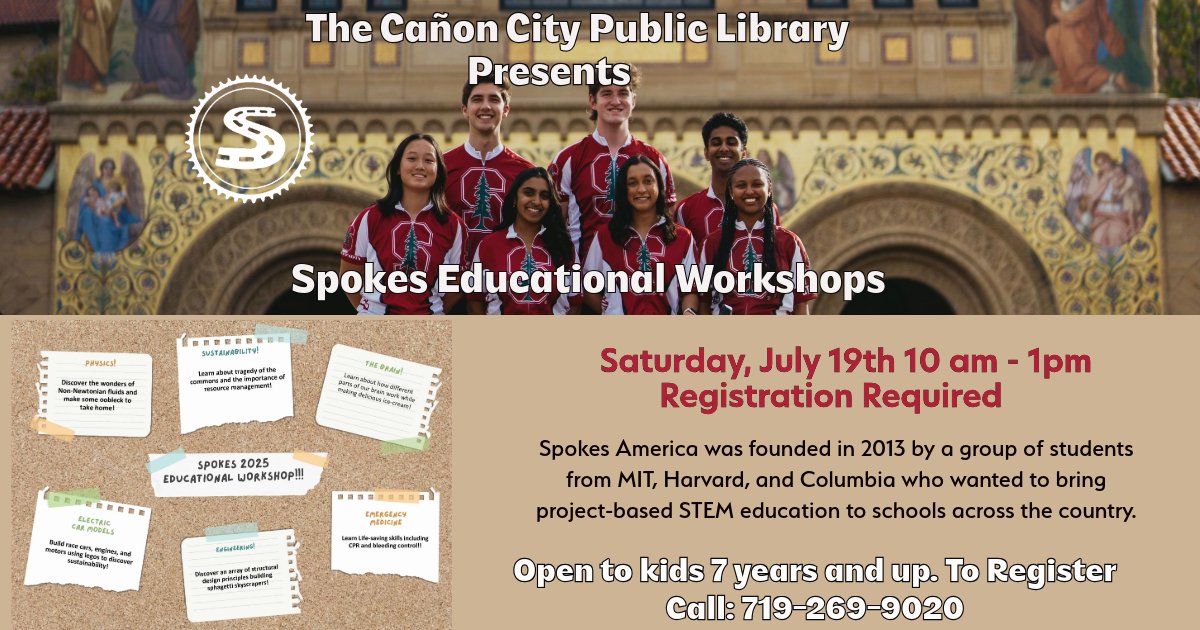 CanonLibrary's tweet image. Look who's back this summer! The Spokes Educational Workshop will be on Saturday, July 19th from 10am to 1pm. Registration is required. Open to kids ages 7 and up. Call 719-269-9020 to register.