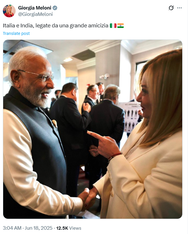 "Italy and India, linked by a great friendship," tweets Italian Prime Minister Giorgia Meloni.

<a href="/PMOIndia/">PMO India</a> <a href="/MEAIndia/">Randhir Jaiswal</a> #G7Summit2025