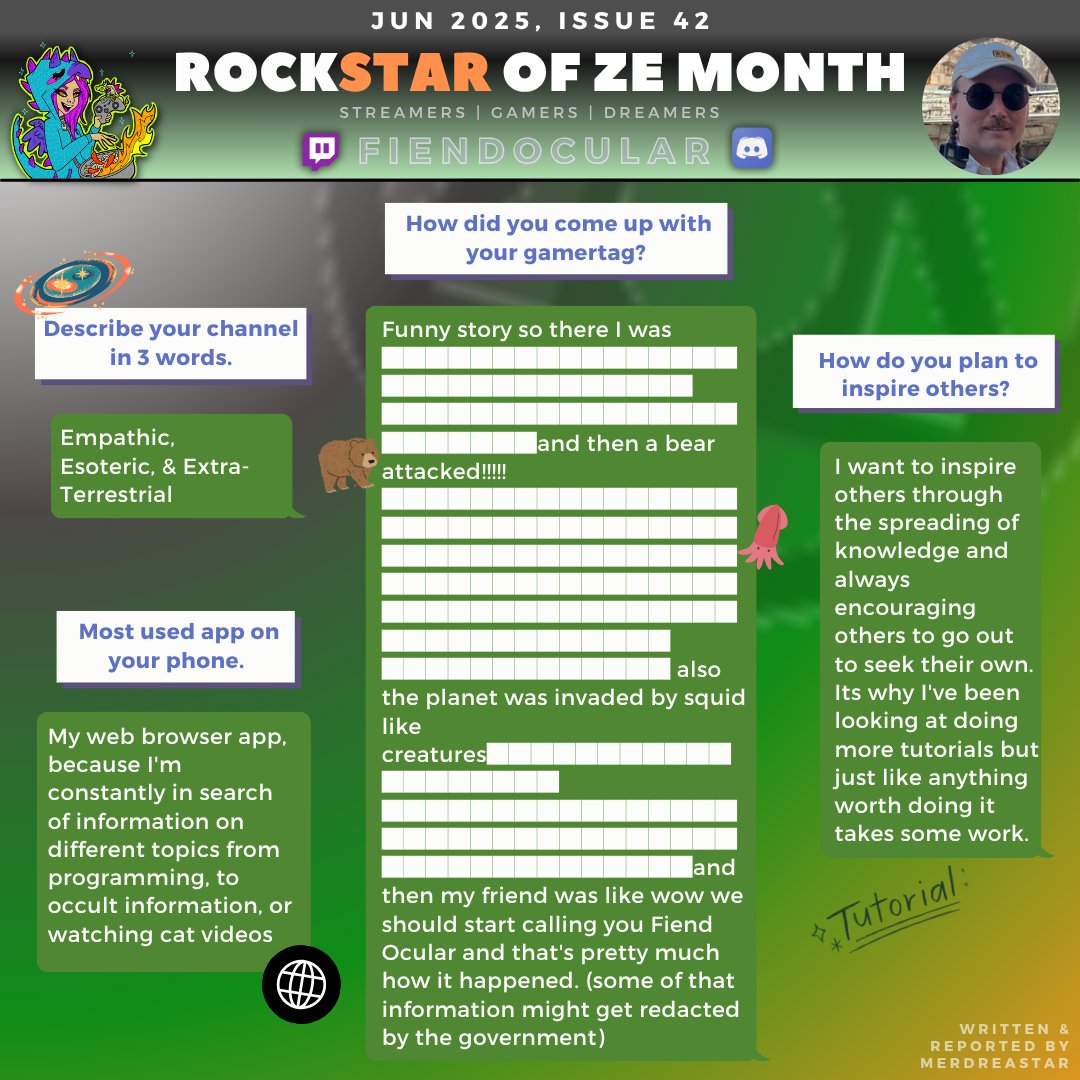 MerdreaStar 🐲 (@merdreastar) on Twitter photo 🌟 June’s RockSTAR is <a href="/FiendOcular/">FiendOcular ⚔️ Realm Rascals!</a>! 🌟
It’s not always about being the loudest, it’s the check-ins, the fun cosmic weirdness & the thoughtfulness. Fiendo makes space for others to be themselves & that matters.
So proud to call them a friend 💫
twitch.tv/FiendOcular
#RockStar 🌟 June’s RockSTAR is <a href="/FiendOcular/">FiendOcular ⚔️ Realm Rascals!</a>! 🌟
It’s not always about being the loudest, it’s the check-ins, the fun cosmic weirdness & the thoughtfulness. Fiendo makes space for others to be themselves & that matters.
So proud to call them a friend 💫
twitch.tv/FiendOcular
#RockStar