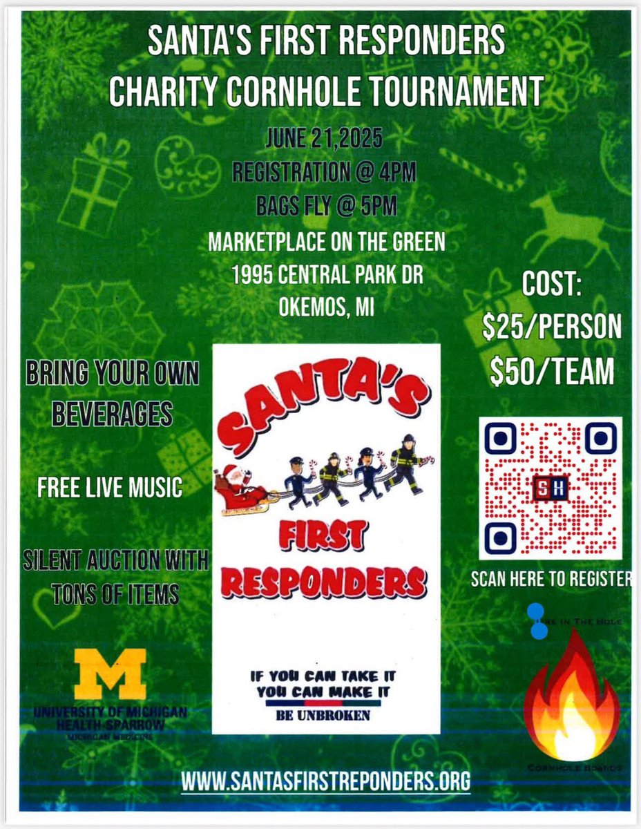 Santa’s First Responders Charity Cornhole Tournament

WHEN: June 21, 2025
REGISTRATION: 4 PM
BAGS FLY: 5 PM
WHERE: Marketplace on the Green — 1995 Central Park Dr, Okemos MI
COST: $25/person or $50/Team

Retired Meridian Township Police Officer Gayelord Mankowski is committed to