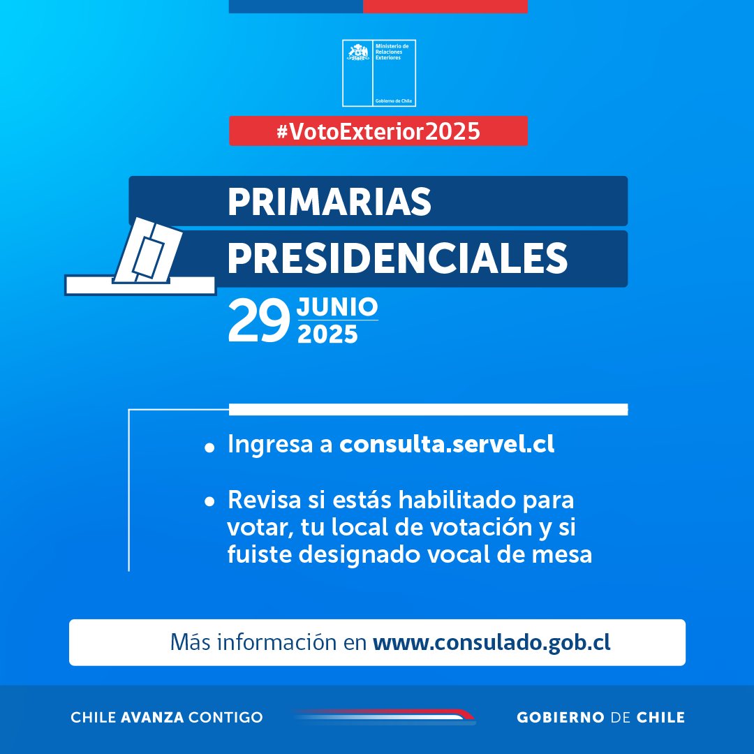 CChileVancouver's tweet image. #VotoExterior2025 | 🗳El 29 de junio son las Primarias Presidenciales, con voto voluntario en Chile y en el extranjero.
Revisa si estás habilitado para sufragar, si fuiste designado vocal de mesa y tu local de votación
👉Más información ➡️
consulado.gob.cl/comunidades/ci…