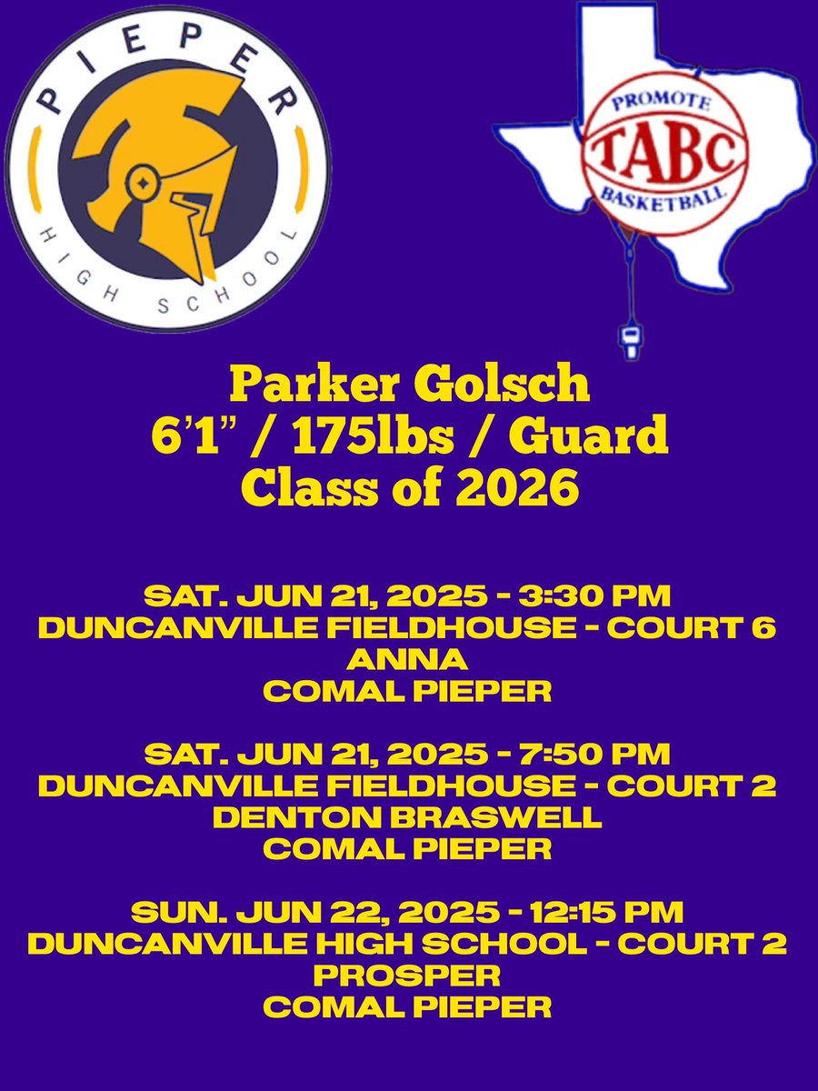 BigA (@biga_satx) on Twitter photo Parker Golsch / <a href="/parker_golsch2/">Parker Golsch</a>
Class of 2026
6’1” / 175lbs / Guard
GPA: 3.8
HS: Pieper High School @Pieperhoops
AAU: <a href="/BTSSATX/">Behind the scenes</a>
<a href="/BigA_SATX/">BigA</a> <a href="/imjustdriven/">Coach Shawn</a> <a href="/WEOVERME210/">We Over Me Recruiting Services</a> <a href="/masfresco/">C.J. Miles</a>
@kevinmoses38 <a href="/WWFE_RCT/">WeWorkforEverything Recruiting</a>
<a href="/tcrock23/">Tony Crocker</a> <a href="/bgraham82/">Brandon Graham</a> <a href="/NextUpProspect/">NextUpProspects</a> <a href="/Tabchoops/">𝙏𝘼𝘽𝘾🏀📋</a> Parker Golsch / <a href="/parker_golsch2/">Parker Golsch</a>
Class of 2026
6’1” / 175lbs / Guard
GPA: 3.8
HS: Pieper High School @Pieperhoops
AAU: <a href="/BTSSATX/">Behind the scenes</a>
<a href="/BigA_SATX/">BigA</a> <a href="/imjustdriven/">Coach Shawn</a> <a href="/WEOVERME210/">We Over Me Recruiting Services</a> <a href="/masfresco/">C.J. Miles</a>
@kevinmoses38 <a href="/WWFE_RCT/">WeWorkforEverything Recruiting</a>
<a href="/tcrock23/">Tony Crocker</a> <a href="/bgraham82/">Brandon Graham</a> <a href="/NextUpProspect/">NextUpProspects</a> <a href="/Tabchoops/">𝙏𝘼𝘽𝘾🏀📋</a>