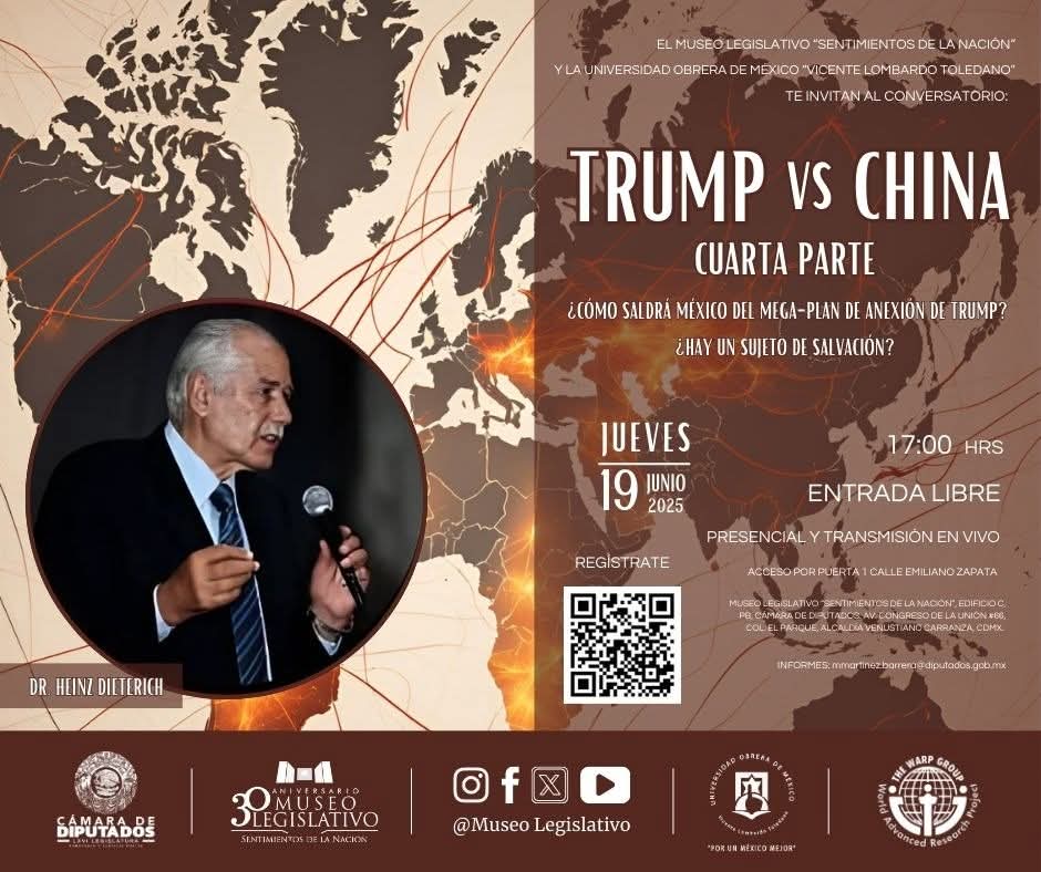 📌Acompáñanos de manera presencial o virtual en el Conversatorio Trump vs. China. Cuarta parte. ¿Cómo saldrá México del Mega-Plan de anexión de Trump? ¿Hay un sujeto de salvación?

🗓️19 de junio
🕔17:00 horas