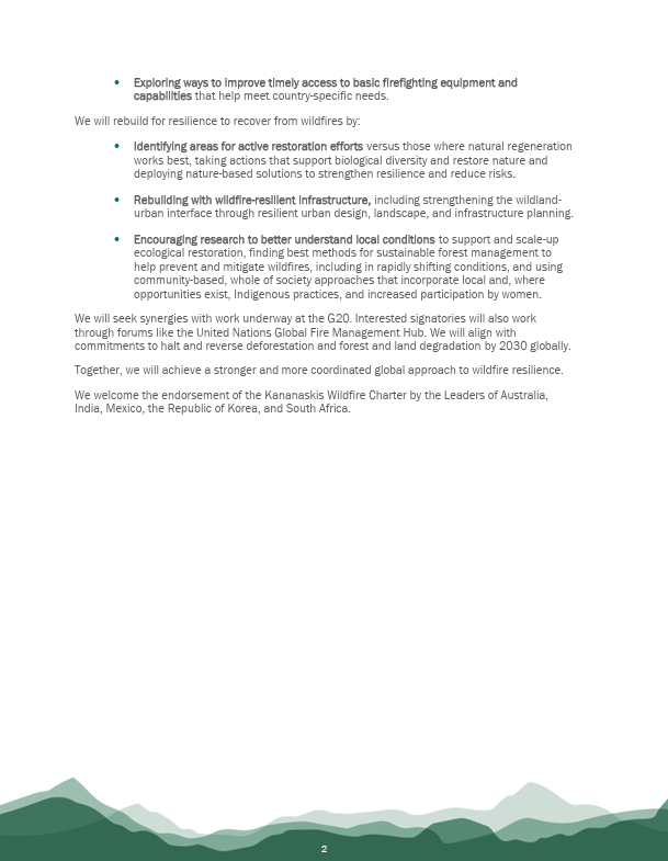 #KananaskisCharter || 

7 leaders adopt the Kananaskis Wildfire Charter — a united global commitment to prevent, fight &amp; recover from wildfires.

The Charter focuses on awareness, adaptation &amp; joint response.

India, along with Australia, Mexico, South Korea &amp; South Africa,
