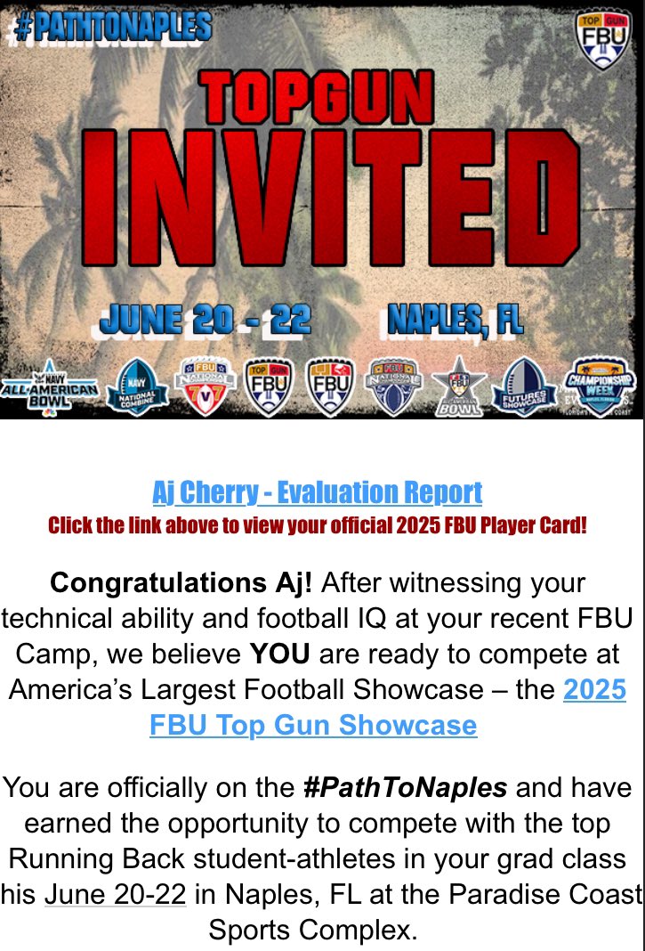 AJCherry29's tweet image. Cannot wait to compete this weekend at @FBUcamp TopGun showcase! #Classof2029
#PathToNaples @ErikRichardsUSA @RustyMansell_ @RecruitGeorgia @PrepRedzoneGA @Rivals @On3sports