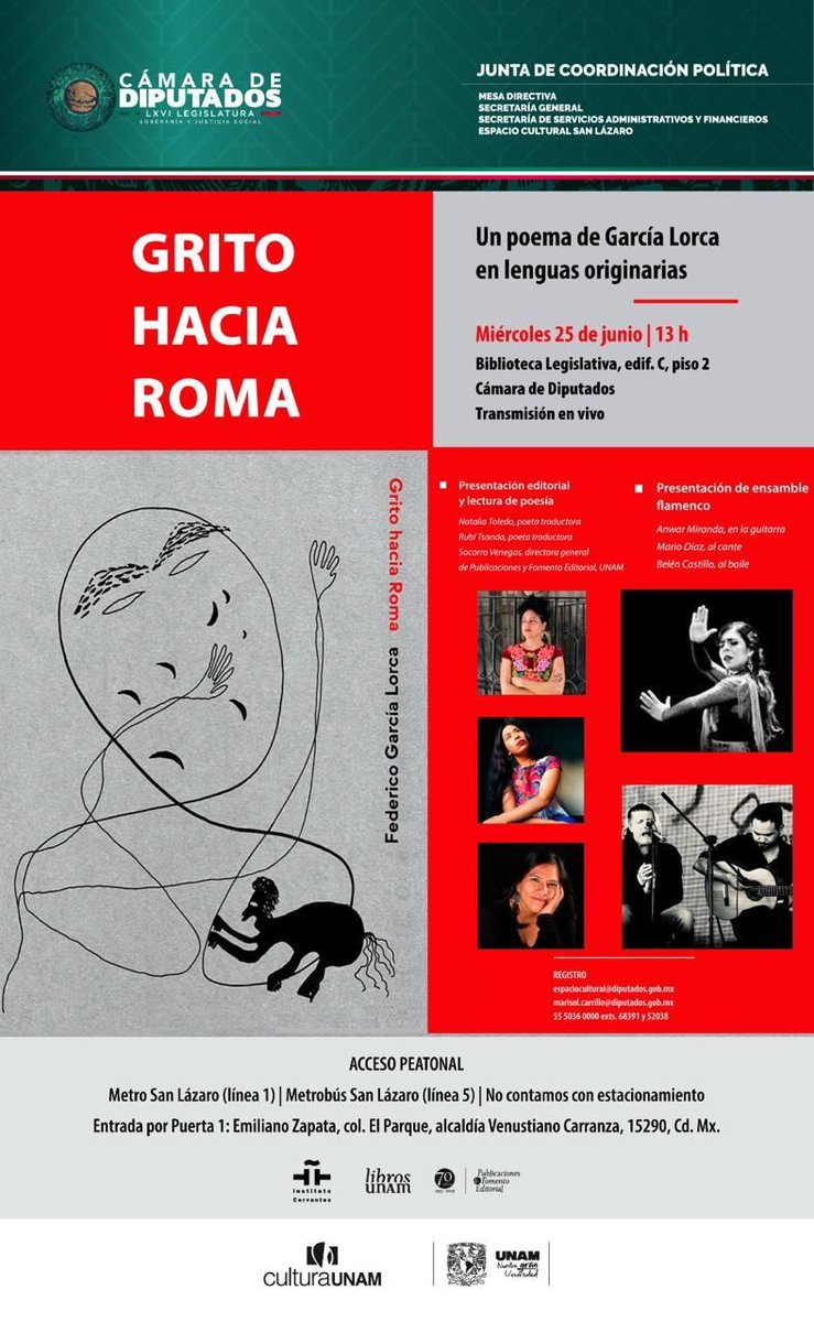 H. Cámara de Diputados (@mx_diputados) on Twitter photo 📚 En el natalicio de Federico García Lorca, presentamos su poema Grito hacia Roma.
🗓 25 de junio | ⏰ 13 h
📍 Biblioteca Legislativa, Cámara de Diputados
Regístrate:
💻comunicacionsocial.diputados.gob.mx/index.php/regi…
📩marisol.carrillo@diputados.gob.mx 📚 En el natalicio de Federico García Lorca, presentamos su poema Grito hacia Roma.
🗓 25 de junio | ⏰ 13 h
📍 Biblioteca Legislativa, Cámara de Diputados
Regístrate:
💻comunicacionsocial.diputados.gob.mx/index.php/regi…
📩marisol.carrillo@diputados.gob.mx