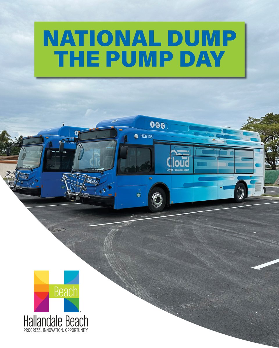Today is National Dump the Pump Day! Reduce your carbon footprint by taking public transportation, like our all-electric Cloud busses, instead of driving. It's an easy way to save money, help the environment, and promote sustainability in Hallandale Beach. #DumpThePump