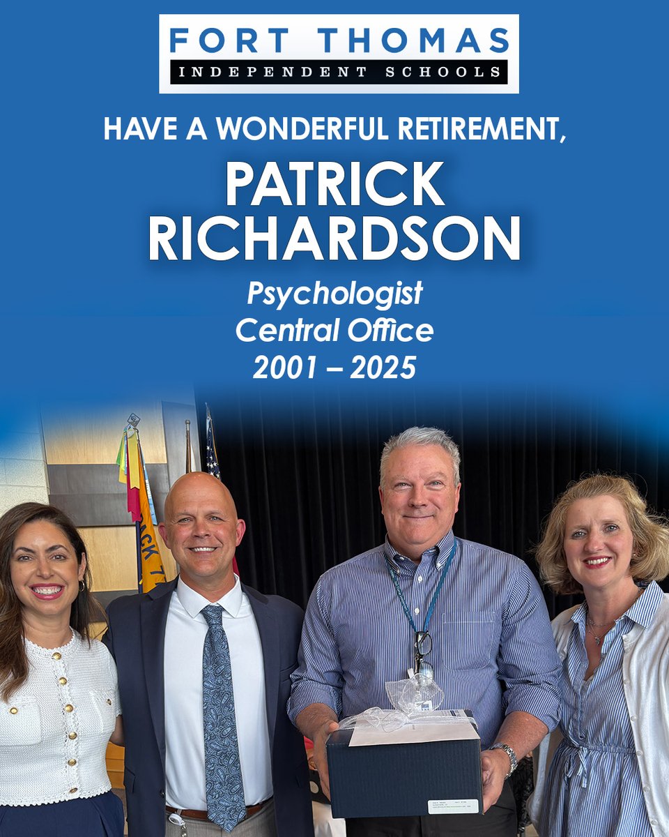 Fort Thomas Schools (@ftschools) on Twitter photo Thank you, Dr. Richardson, for making such a positive difference for more than twenty years as a District psychologist.
We'll miss your wisdom, expertise and compassion, but we know a great journey awaits in retirement!
Congratulations. And thank you!
<a href="/FTSUPT/">Brian Robinson</a> Thank you, Dr. Richardson, for making such a positive difference for more than twenty years as a District psychologist.
We'll miss your wisdom, expertise and compassion, but we know a great journey awaits in retirement!
Congratulations. And thank you!
<a href="/FTSUPT/">Brian Robinson</a>