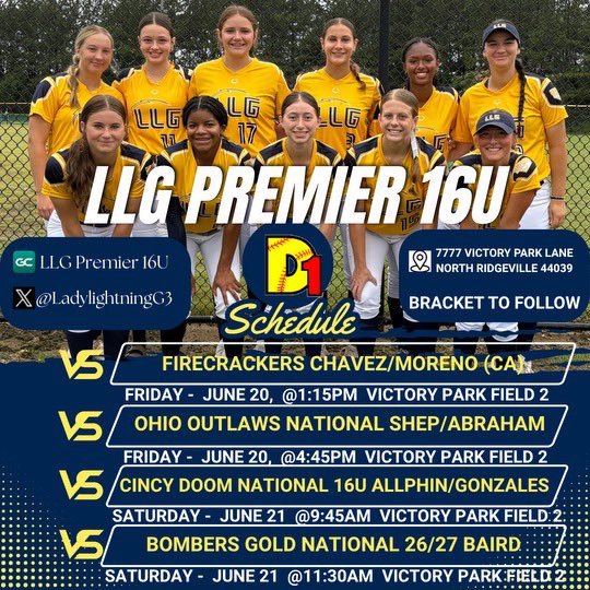 The schedule is out!! Come check us out in Ridgeville Ohio this weekend. Schedule 👇👇<a href="/LadyLightningG3/">LLG Premier 16U</a> <a href="/whitjones25/">Whitney Jones</a> <a href="/AleeexIbarra/">Ibarra-Fernandez</a> <a href="/MattAlberghini/">Matt Alberghini</a> <a href="/coachmegsmith/">Megan Smith Lyon</a> <a href="/c_lyon22/">Corey Lyon</a> <a href="/coachkiwij/">Aquilla Mateen James</a> <a href="/courtney_ogle12/">Courtney Ogle</a> <a href="/coach_kgreen/">Kelley Green</a> <a href="/kianarae20/">Kiana Quolas</a> <a href="/kass_smith14/">Kassidy Smith</a> <a href="/amanda_daneker/">Amanda Daneker-McMahon</a> <a href="/AshleyWadeUNCW/">Ashley Wade</a>
