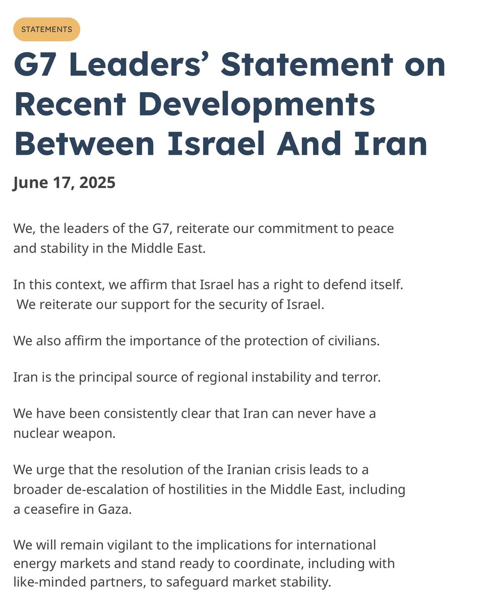 これがG7の声明全文。この期に及んでイスラエル擁護に始終しイランばかり非難するのは、あまりに現実から乖離しバランスを欠き、G7という枠組み自体の正統性や意義を益々自ら減じるのでは？

G7唯一の非欧米国である日本が独自色を出せずに、単に欧米の追随に終わったのも非常に残念。