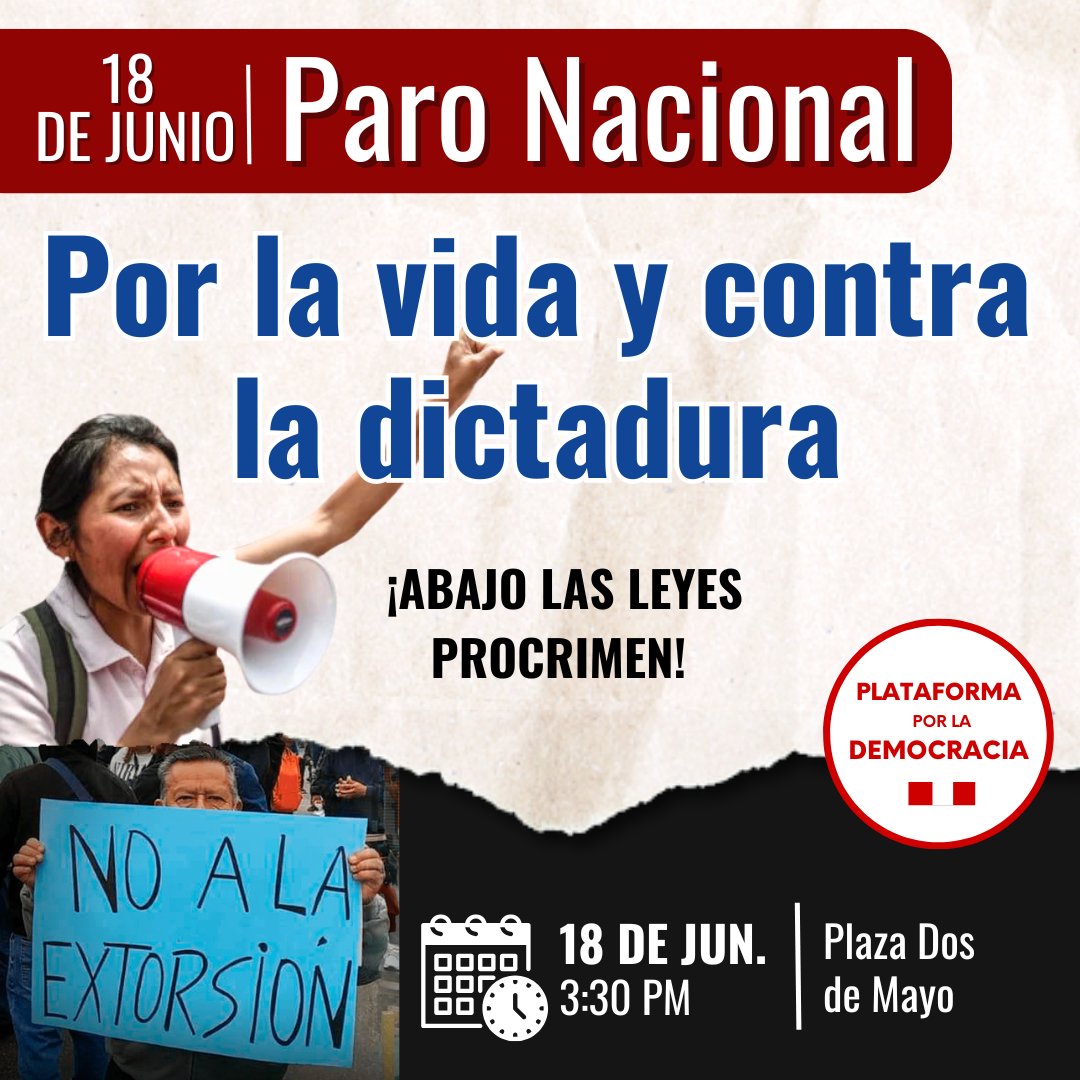 📢 PARO NACIONAL
✊ Por la vida y contra la dictadura
🗓️ 18 de junio
🕞 3:30 p.m.
📍 Plaza Dos de Mayo
¡ABAJO LAS LEYES PROCRIMEN!
#ParoNacional #18J