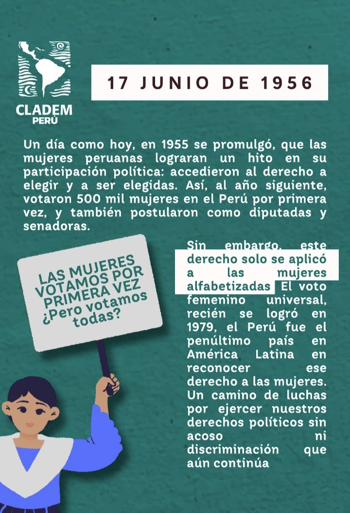 Hoy recordamos un hito en la historia de la igualdad en Perú: en 1956 por primera vez las mujeres alfabetas ejercieron su derecho al voto. Un logro fruto de la lucha y la voz de miles de mujeres que exigieron su lugar en la democracia.
#DemocraciaIgualitaria #MujeresEnLaHistoria