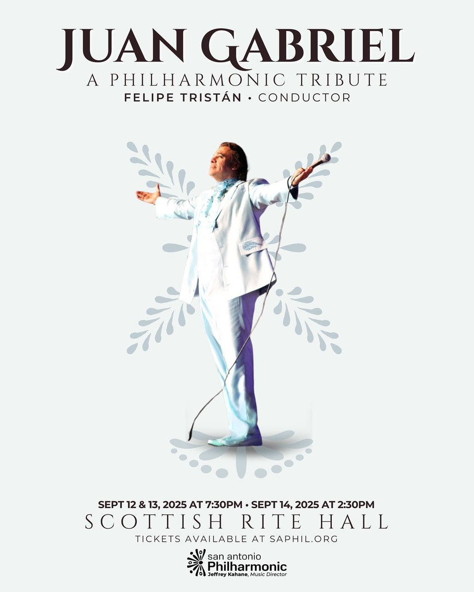 La Filarmónica de San Antonio se enorgullece en anunciar el estreno mundial de Juan Gabriel: Un Tributo Filarmónico — una poderosa celebración orquestal en honor a uno de los íconos más grandes de la música mexicana.

Este tributo especial, dirigido por el galardonado Felipe