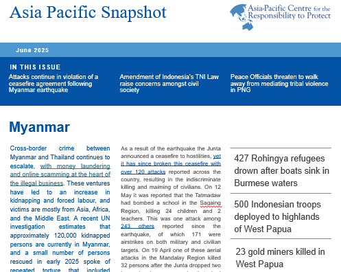 Regional Snapshot of atrocity risks in Asia Pacific notes continued violation of a ceasefire agreement following Myanmar earthquake and the amendment of Indonesia’s TNI Law raising concerns amongst civil society. r2pasiapacific.org/atrocity-risk-…