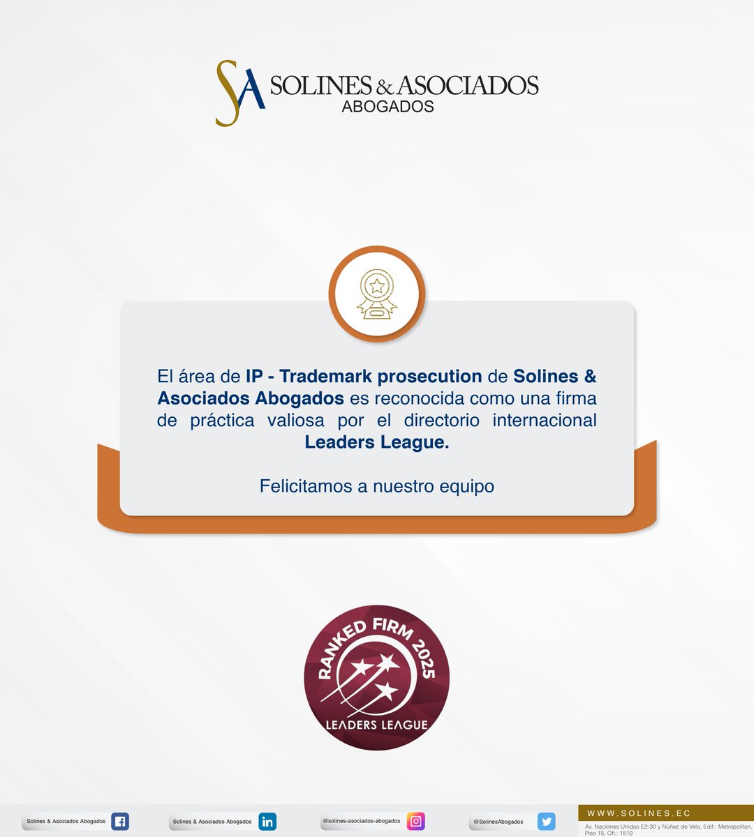 Solines & Asociados (@solinesabogados) on Twitter photo <a href="/SolinesAbogados/">Solines & Asociados</a> ha sido reconocida en el ranking 2025 de <a href="/Leaders_league/">Leaders League</a> en Ecuador, en el área de Trademark prosecution. Felicitamos a nuestro equipo, liderado por <a href="/psolines/">Pablo Solines</a> y <a href="/JCSolines/">Juan Carlos Solines</a>. ¡Gracias a nuestros clientes por su confianza! <a href="/SolinesAbogados/">Solines & Asociados</a> ha sido reconocida en el ranking 2025 de <a href="/Leaders_league/">Leaders League</a> en Ecuador, en el área de Trademark prosecution. Felicitamos a nuestro equipo, liderado por <a href="/psolines/">Pablo Solines</a> y <a href="/JCSolines/">Juan Carlos Solines</a>. ¡Gracias a nuestros clientes por su confianza!
