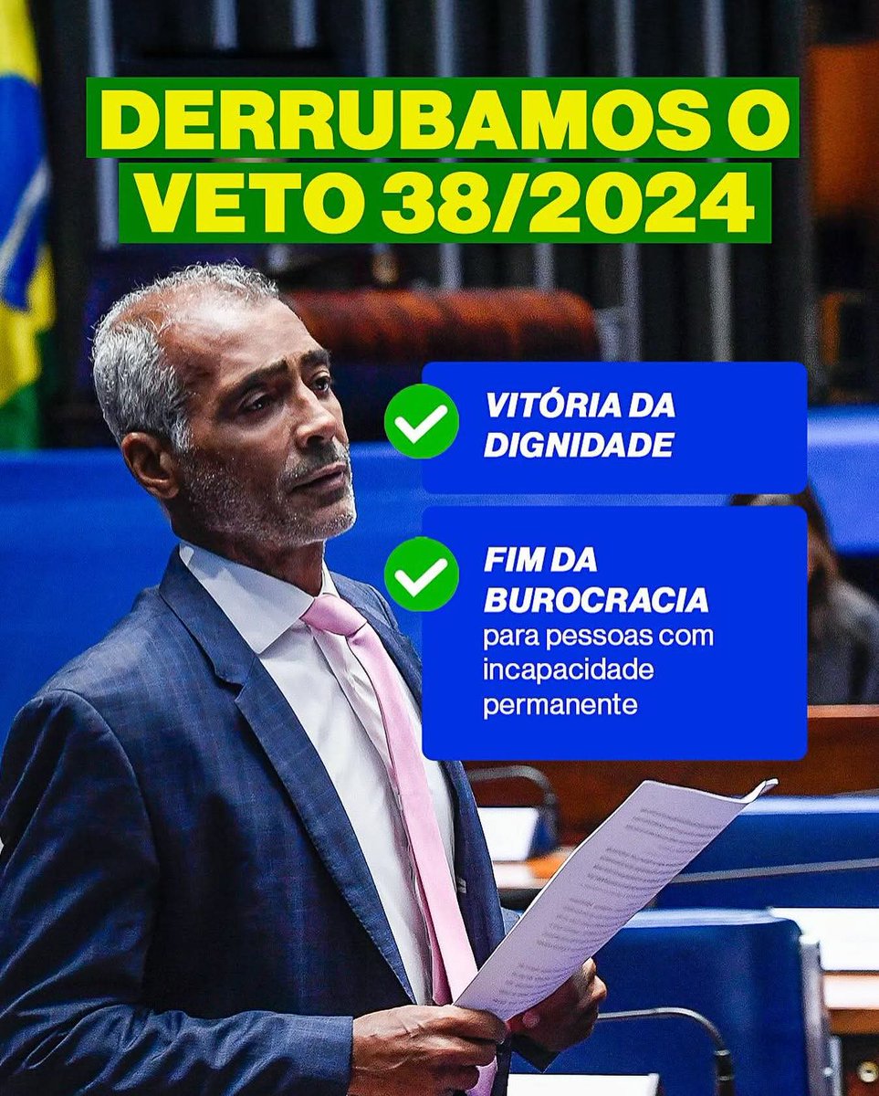 Derrubamos hoje, também, na Sessão do Congresso Nacional, o Veto 38/2024, que obrigava pessoas com incapacidade permanente a passarem por reavaliações médicas periódicas. 

Era uma burocracia desumana, que tratava cidadãos como suspeitos de fraude, mesmo quando o diagnóstico já