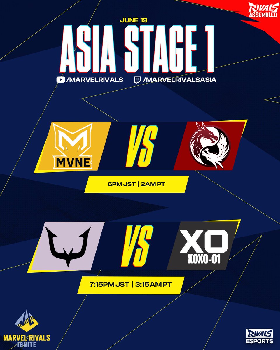 Marvel Rivals Ignite: Asia returns for Week 2 of the Group Stage!

With major stakes on the line — from playoff qualification to a last shot at survival — Day 1 is stacked with huge match-ups. Let’s find out who makes it.

Group B:
MVNEsports VS  <a href="/TeamLunara/">Lunara</a> (formerly E-MAJIN)