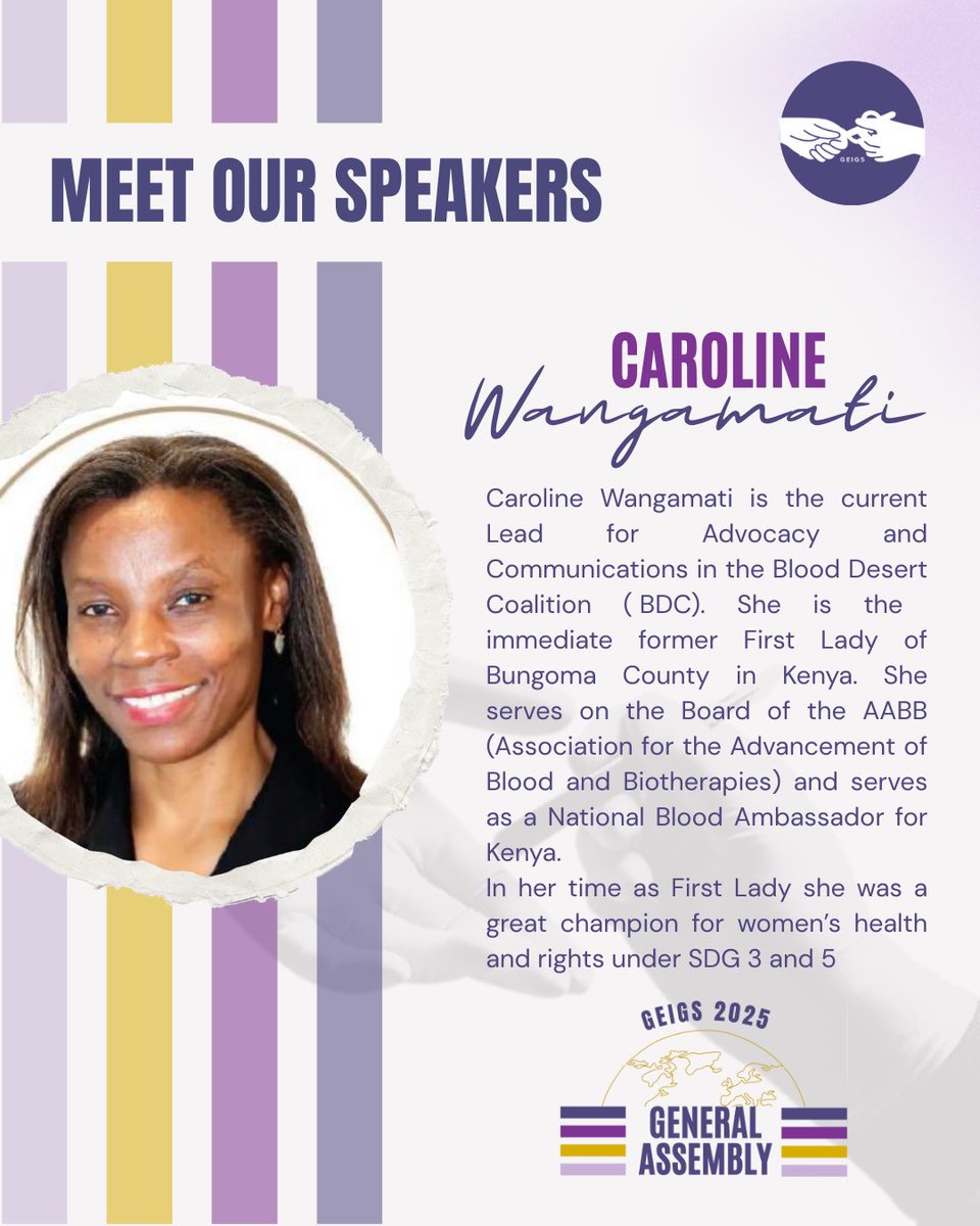 Gender Equity Initiative in Global Surgery (@gendereqsurg) on Twitter photo 🎉 Join us in welcoming former First Lady of Bungoma County, <a href="/CWangamati_/">H.E Caroline Wangamati</a> at #GEIGSGA2025
As a passionate blood advocate and National Blood Ambassador for Kenya, she will lead a discussion on equity, blood access & maternal health💉✨
🩸Register NOW🩸
shorturl.bz/sok 🎉 Join us in welcoming former First Lady of Bungoma County, <a href="/CWangamati_/">H.E Caroline Wangamati</a> at #GEIGSGA2025
As a passionate blood advocate and National Blood Ambassador for Kenya, she will lead a discussion on equity, blood access & maternal health💉✨
🩸Register NOW🩸
shorturl.bz/sok