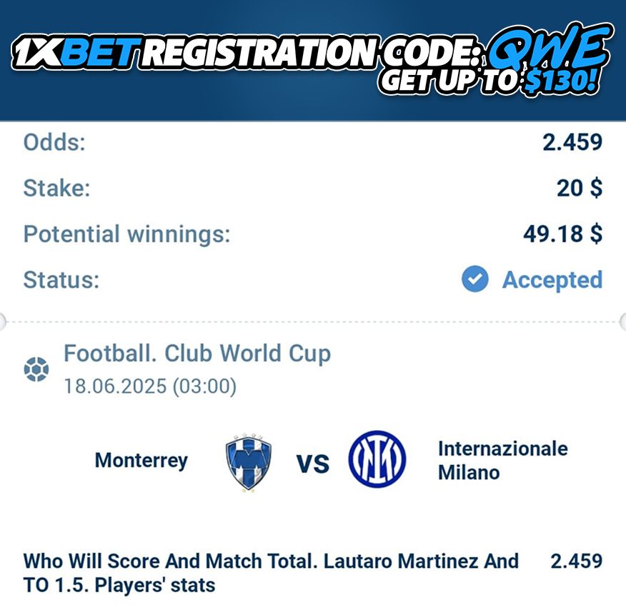 PlayersSayings's tweet photo. Lautaro Martinez will score against Monterrey and TOTAL goals in match OVER 1.5
Odds: 2.459❗️
Registration Promo Code (130$ bonus) = "QWE" 🎁
Mobile App: https://t.co/LnxHTDWKcq…
#Betting #BettingMoney #BettingX #Inter #Martinez #FIFAClubWorldCup2025 #MOMINT https://t.co/4AlE5QMgdV