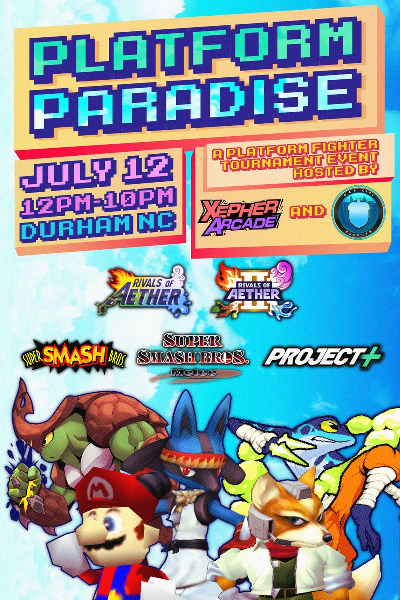 OakCityEsports's tweet photo. @OakCityEsports is introducing a dedicated platform fighter tournament at @XepherArcade
#PlatformParadise
https://t.co/qSOCAJPapo
July 12th
#SSBM Singles/Doubles
#SSB64
#ProjectPlus
#RivalsOfAether
#RivalsOfAetherII https://t.co/VE7WA2uqwJ