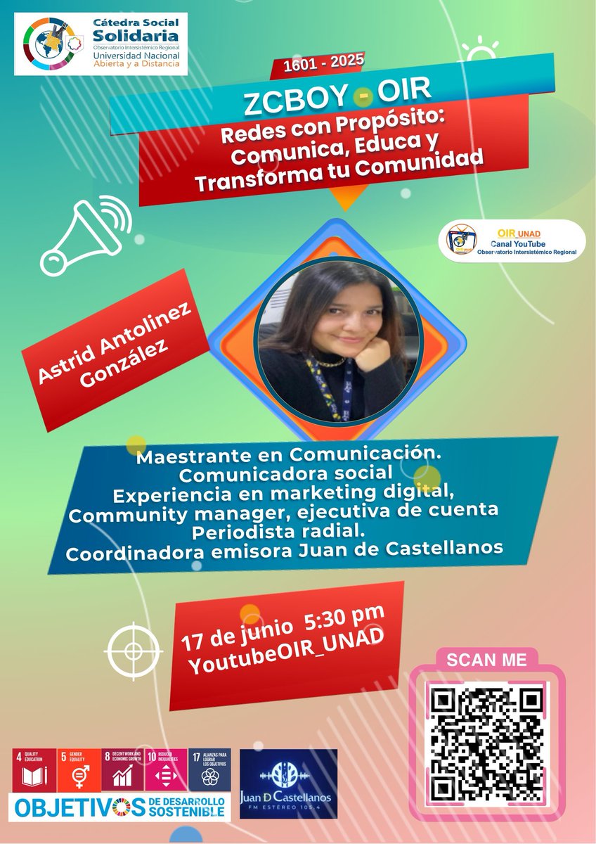Johana Bello (@johanabello02) on Twitter photo UNAD_ZCBOY , invita a la #CatedraSocialSolidaria:
🛜 “Redes con Propósito: Comunica, Educa y Transforma tu Comunidad
🗓 Fecha: 17 de junio
🕔 Hora: 5:30 p. m.
📍 Modalidad virtual : YouTube Canal #OIR_UNAD
youtube.com/live/QPkvVqdXW <a href="/ElOIRdelaRegion/">El OIR de las Regiones UNAD</a> <a href="/JaimeLeal_/">Jaime Leal Afanador</a> UNAD_ZCBOY , invita a la #CatedraSocialSolidaria:
🛜 “Redes con Propósito: Comunica, Educa y Transforma tu Comunidad
🗓 Fecha: 17 de junio
🕔 Hora: 5:30 p. m.
📍 Modalidad virtual : YouTube Canal #OIR_UNAD
youtube.com/live/QPkvVqdXW <a href="/ElOIRdelaRegion/">El OIR de las Regiones UNAD</a> <a href="/JaimeLeal_/">Jaime Leal Afanador</a>