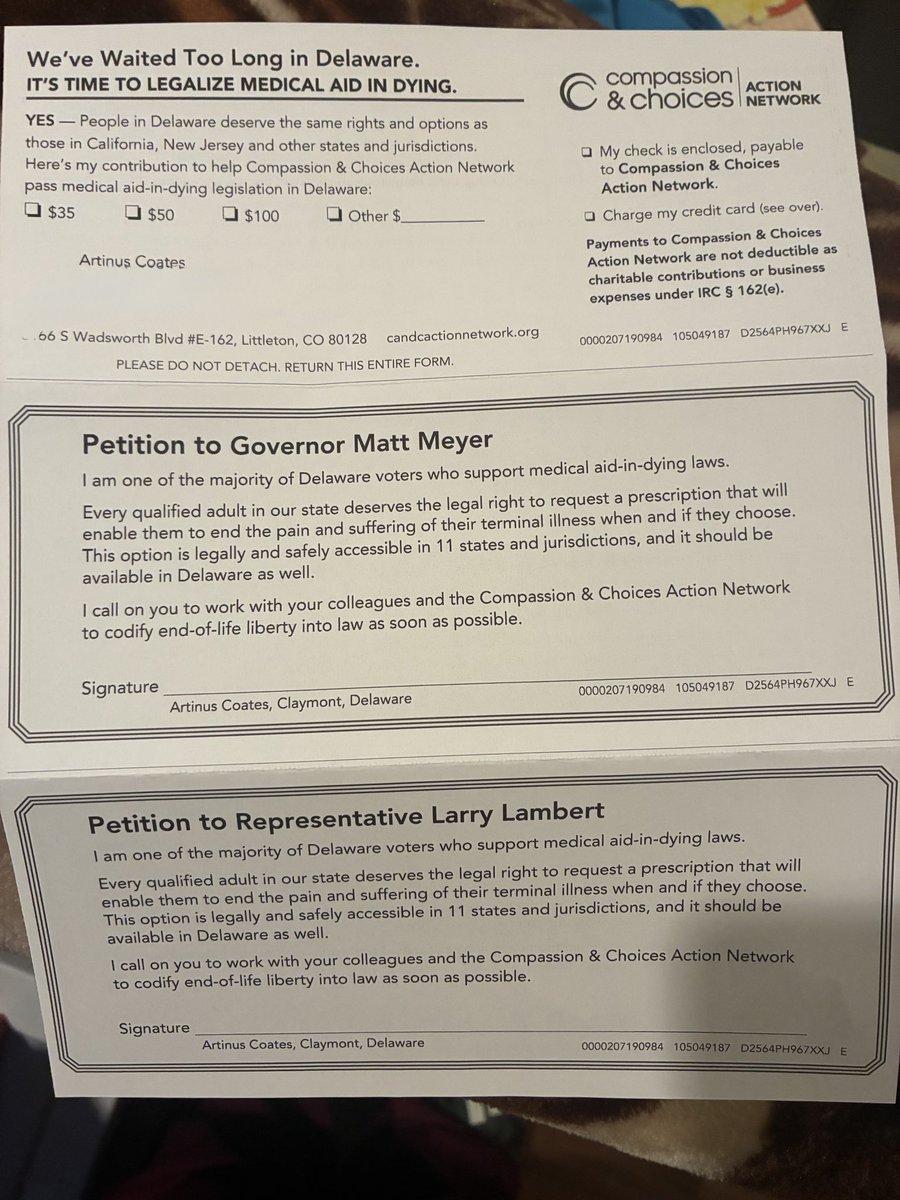 mscoates83's tweet photo. @LarryForDel and @MattMeyerDE 
My mother passed 2/28 and her mother passed 4/29 and to get a letter from your office talking about assisting in her death has me sick to my stomach. To open that letter and read those words hurt my family to the core and is pretty fucked up!! https://t.co/7MO3UVX3Sq