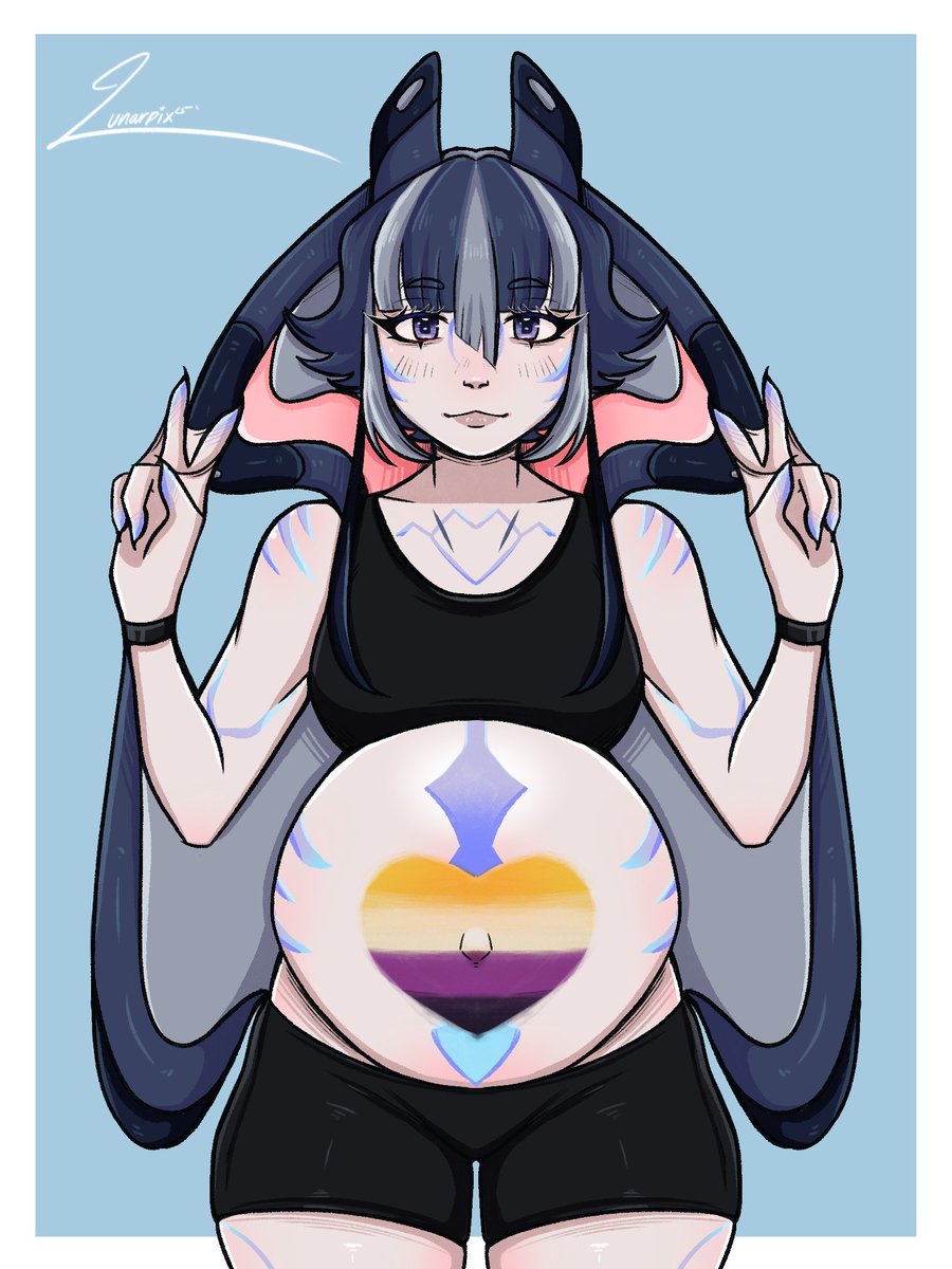 Still doing Pride YCH 🏳️‍🌈

Until the end of June, you can get your character of choice with a flag painted on their tum!

Here we have Kace, UndeadPreggo's OC rocking the trans flag. Then we have Mola, another OC owned by Coco sporting the Non-binary flag! 

#pregnant #pregnantart