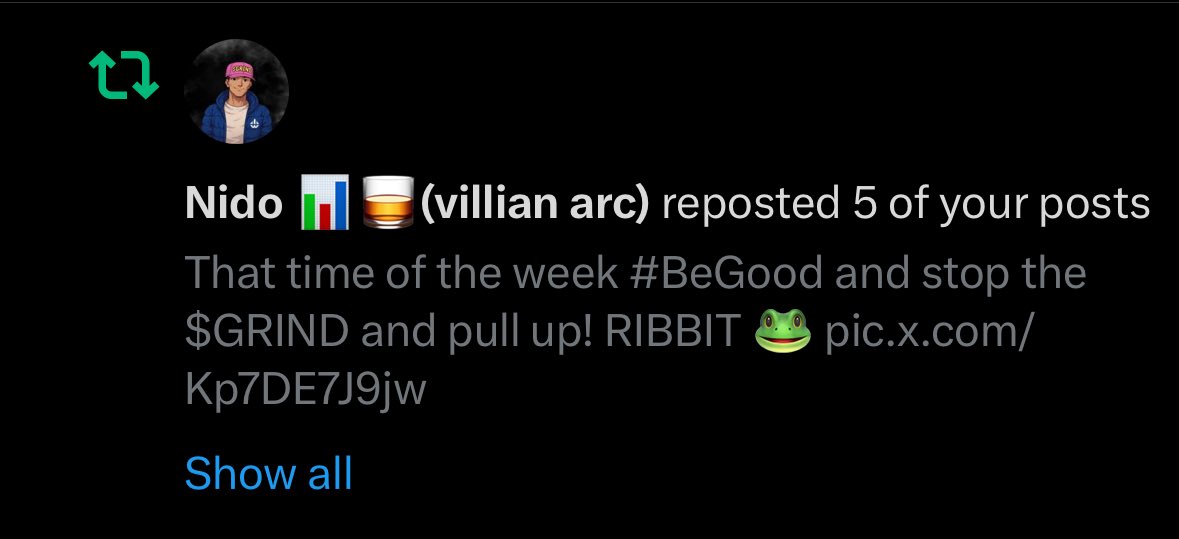 The notifications this late messed with my brain a little lol

<a href="/Nido__TBK/">Nido 📊🥃(villian arc)</a> copied my profile. WTF you gonna gain from that lol