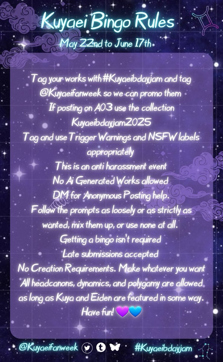 Happy Birthday Eiden!! 💙💙♊️♊️
The Kuyaei Birthday Bingo Gemini Jam is still open and will stay open for late submissions 🎉🎂
#Kuyaei #nucarnival #Kuyaeibdayjam #HappyBirthdayEiden #NUcarni #HappyEidenDay2025