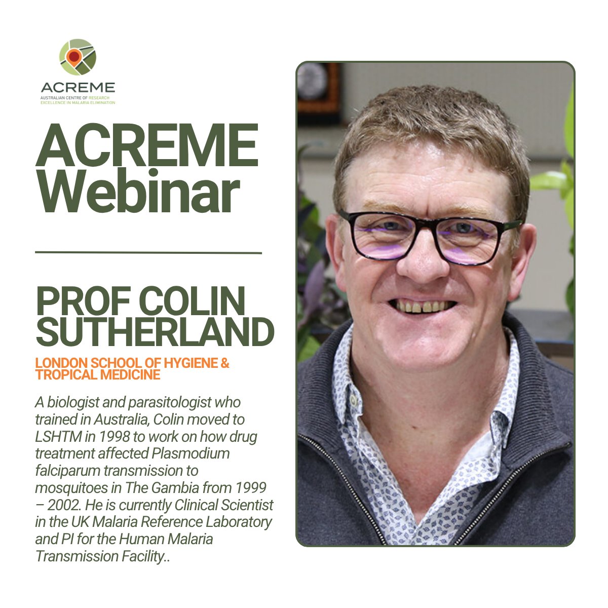 Prof Colin Sutherland will be joining us on Thurs 26 June 2pm AEDT and presenting "Malaria drug efficacy, mysterious etiologies and hyperparasitaemia – studies of African malaria in UK travellers". 
🔗shorturl.at/ZN39i