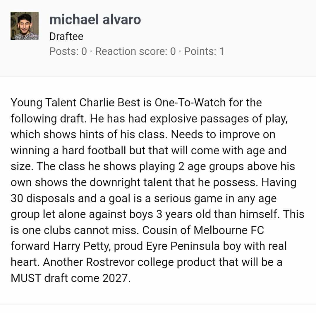 Michael Alvaro (@michaeltalvaro) on Twitter photo It’s come to my attention that someone is posing as me on BigFooty. I never have or will own an account there - all updates here or for <a href="/RookieMeCentral/">Rookie Me Central</a>.
All the best to Charlie. It’s come to my attention that someone is posing as me on BigFooty. I never have or will own an account there - all updates here or for <a href="/RookieMeCentral/">Rookie Me Central</a>.
All the best to Charlie.