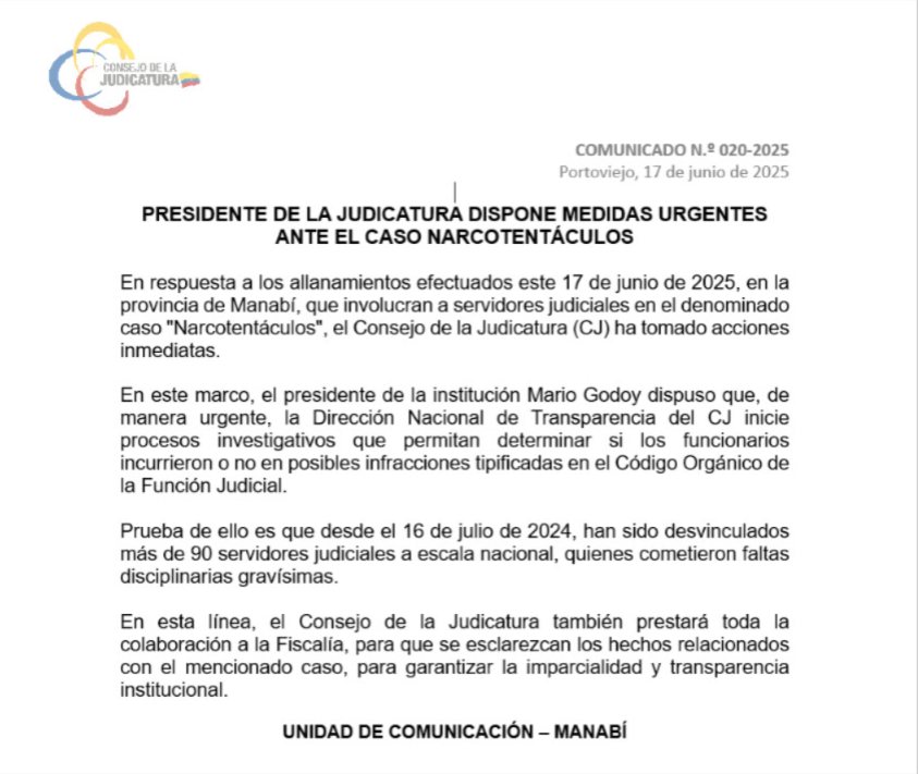 El titular del <a href="/CJudicaturaEc/">Consejo de la Judicatura</a> Mario Godoy dispuso que la Dirección de Transparencia inicie procesos para determinar si los funcionarios involucrados en el caso #Narcotentáculos, incurrieron o no en posibles infracciones previstas en el Código Orgánica de la Función Judicial.