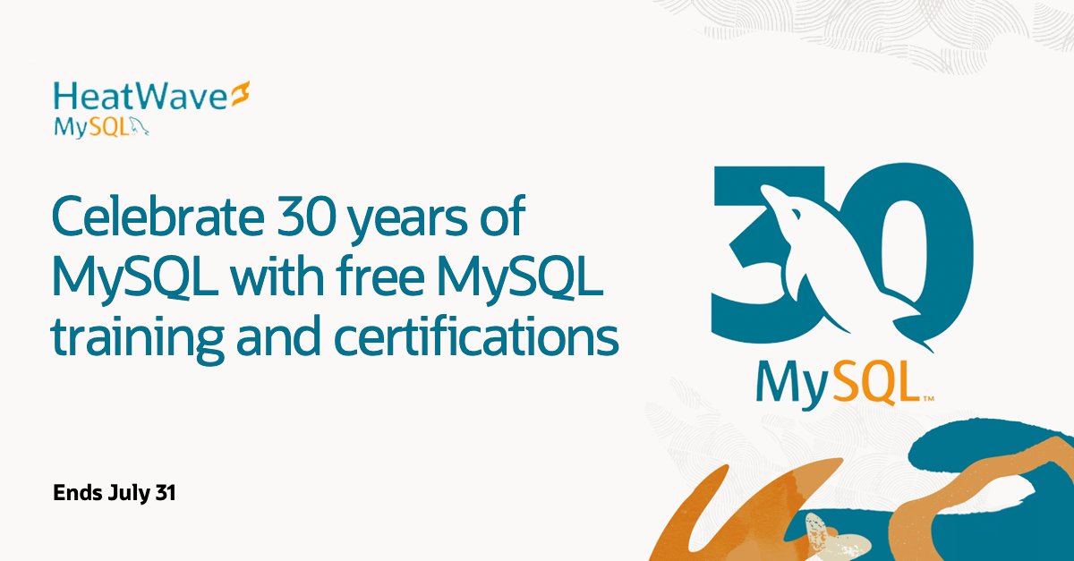 Did you know MySQL turned 30? 😱 

Celebrate 30 years of MySQL with free MySQL training and certifications! 🥳 

Get started today: social.ora.cl/60174RbBP
