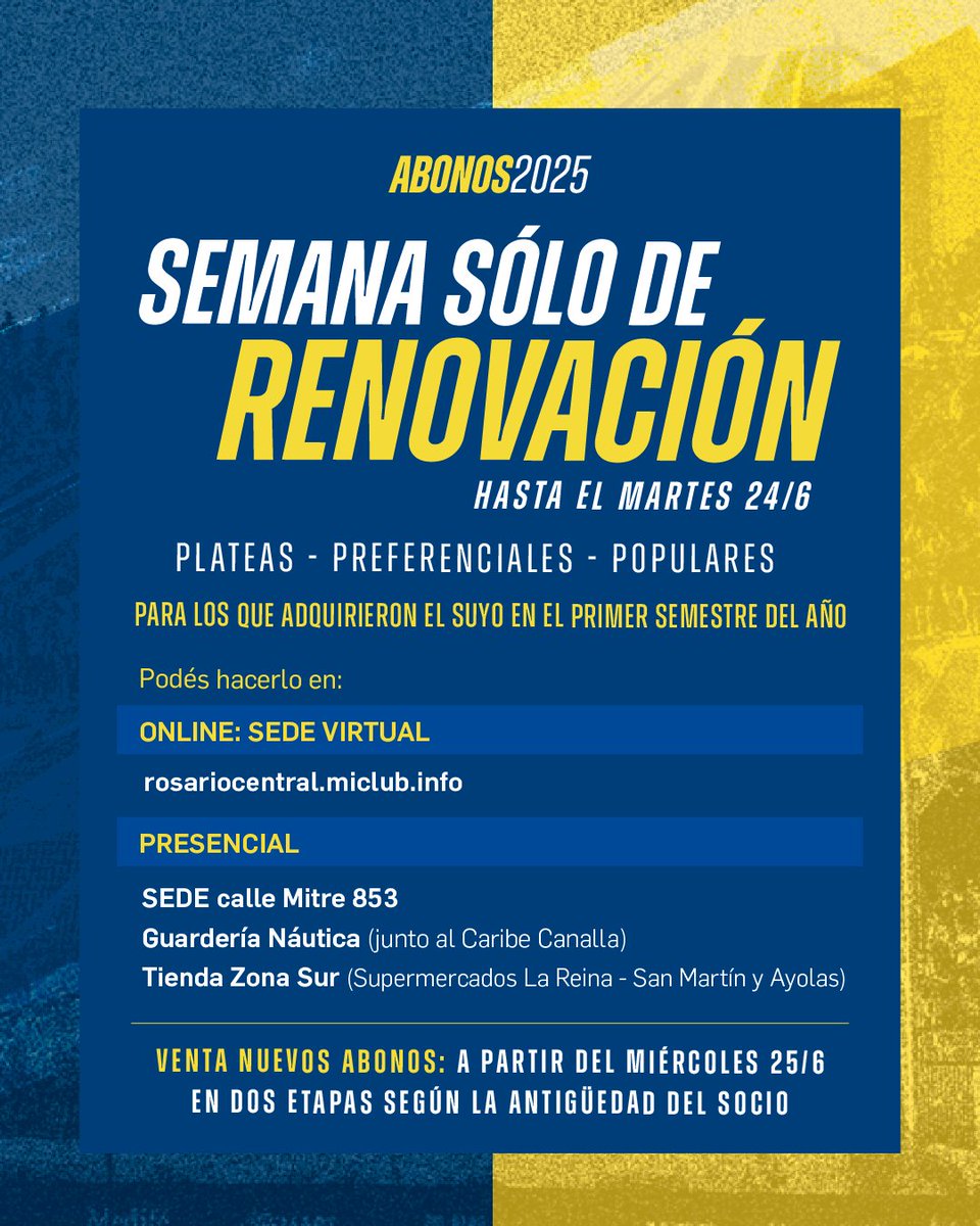 ℹ️ Recordá que hasta el martes 24/6 solo habrá RENOVACIÓN de abonos a popular y a platea para los que adquirieron el suyo en el primer semestre del año.