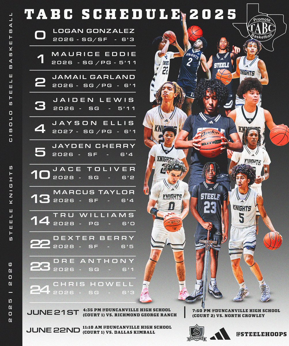 🚨 Coaches make sure to check out the 2025-26 Cibolo Steele Knights this Saturday and Sunday! Returning majority  of our 2025 Regional Finalist team! #WeAreFamily #TABCShowCase