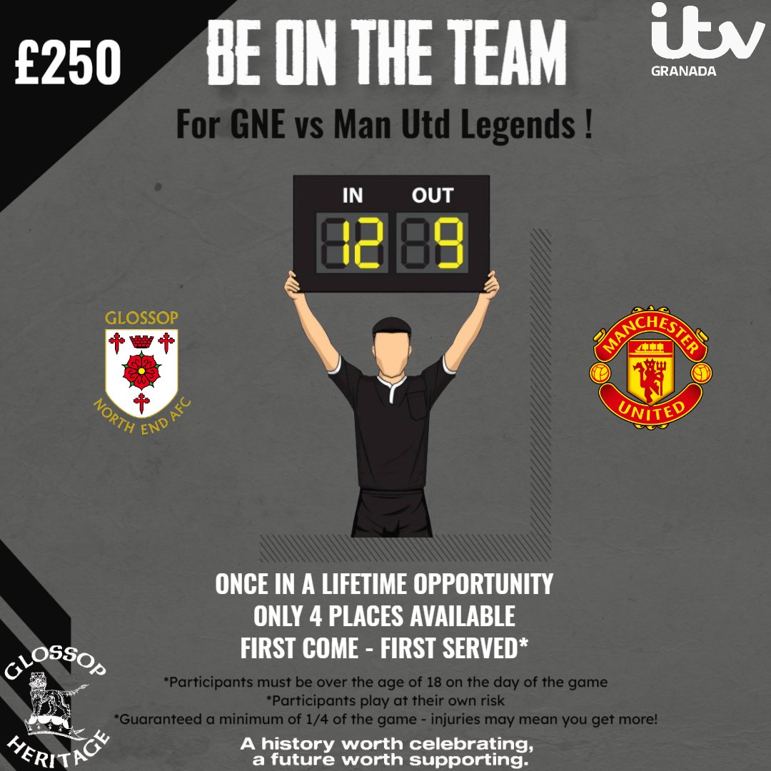 Glossop North End (@glossopnorthend) on Twitter photo 🚨Want to play against Manchester United Legends?
We’ve got 4 spots available on the GNE team for the big match on Saturday 12th July! ⚽🔥
Think you've got what it takes?
📧 Email d.bates084@gmail.com to apply — don’t miss your chance to be part of football history! #vivaGNE 🚨Want to play against Manchester United Legends?
We’ve got 4 spots available on the GNE team for the big match on Saturday 12th July! ⚽🔥
Think you've got what it takes?
📧 Email d.bates084@gmail.com to apply — don’t miss your chance to be part of football history! #vivaGNE