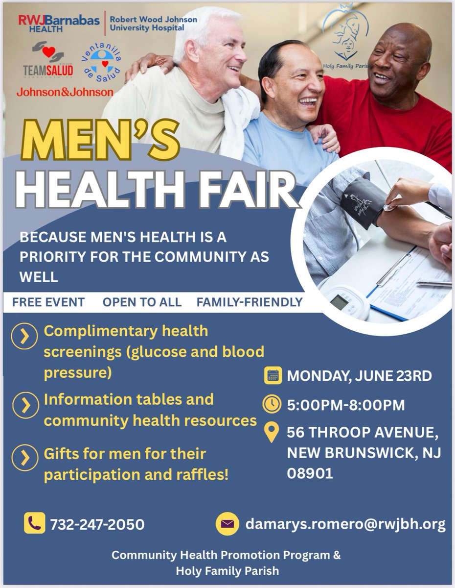 IMME (@ime_sre) on Twitter photo 👨⚕️ ¡Cuida tu bienestar, prioriza tu salud!
El <a href="/ConsulmexNB/">Consulado de México en New Brunswick</a> invita a los connacionales a la “Feria de salud del hombre”. 📢Infórmate, previene y fortalece tu salud.🩺
📅 Lunes, 23 de junio.
📍 56 Throop Ave. New Brunswick
⏰ 17:00 - 20:00 👨⚕️ ¡Cuida tu bienestar, prioriza tu salud!
El <a href="/ConsulmexNB/">Consulado de México en New Brunswick</a> invita a los connacionales a la “Feria de salud del hombre”. 📢Infórmate, previene y fortalece tu salud.🩺
📅 Lunes, 23 de junio.
📍 56 Throop Ave. New Brunswick
⏰ 17:00 - 20:00