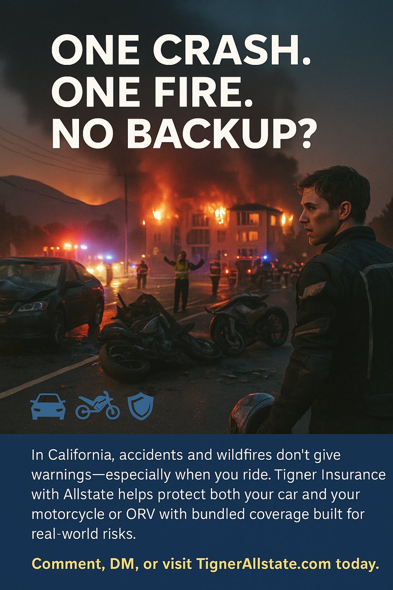 TignerAllstate's tweet image. TignerAllstate.com – Wildfires and crashes happen fast. Don’t wait to find out your motorcycle or off-road vehicle isn’t covered. Bundle it with auto and get true protection. #MotorcycleInsurance #ORV #CaliforniaCoverage #AllstateAgent
