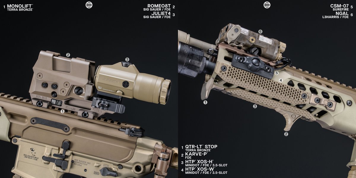 RailScales QTR-LT Stop, Karve-P M-LOK Hand Stop, 3.5-Slot MiniDot FDE HTP XOS-H & XOS-W M-LOK Scales, MonoLift Riser, Hardtop Mount for Scout Light Pro Lights, MCX CSMR Mag Button | Sig Sauer 10.5" 5.56 MCX-SPEAR LT w/ SLX556C-QD Suppressor, Romeo8T Red Dot & Juliet4 Magnifier, L3Harris NGAL Laser, Surefire M640V-Pro Scout Light Pro IR Light w/ DS00 Switch & CSM-07 Pressure Switch, Geissele MCX SSA Trigger, Magpul MOE-K2 Grip & CTR Stock.