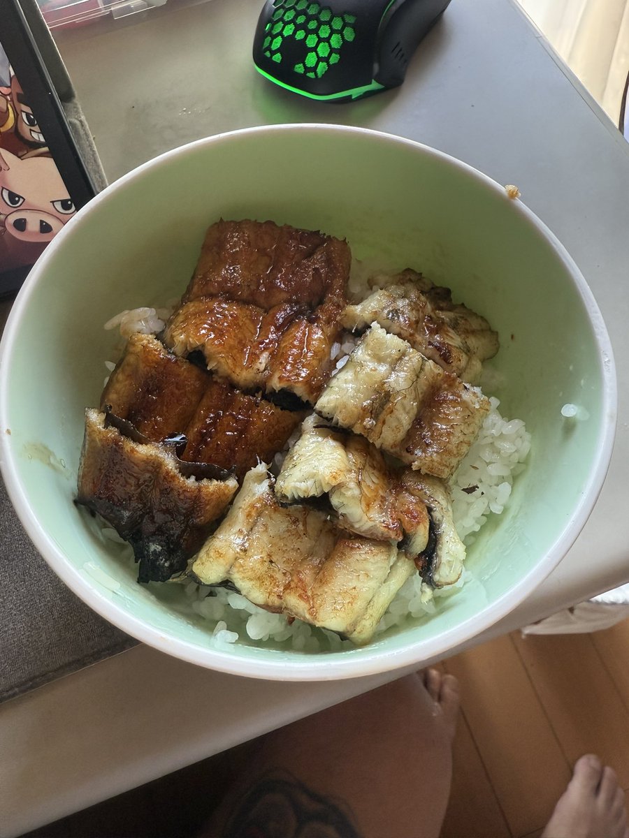 おはようございます𓆩(⃔ *`꒳´ * )⃕𓆪先日釣ったうなぎを捌いて、今日の朝食😊蒲焼＆白焼きの二色丼にしました✨やっぱ天然は美味い😋また行かなきゃ💦