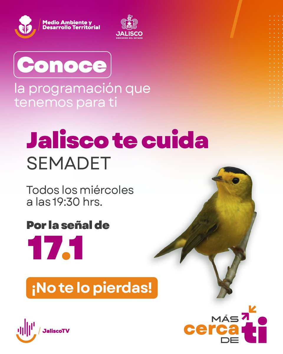 No te pierdas mañana el programa Jalisco te cuida con Semadet, a las 19:30 horas.
Conoce cómo trabajamos desde el Gobierno de Jalisco para proteger el territorio y cuidar el medio ambiente.