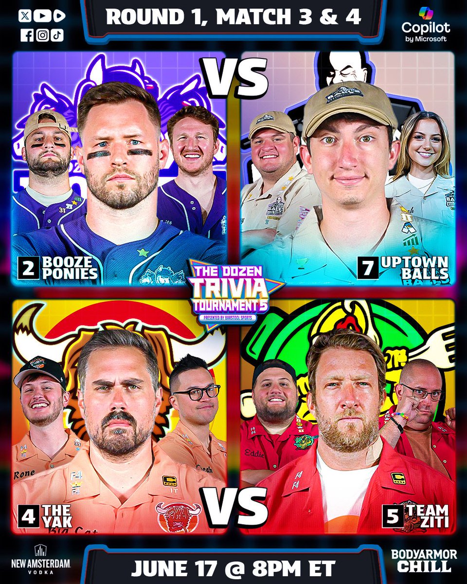 ⚠️ PREMIERING NOW ⚠️

The Dozen Trivia Tournament 5 continues with THE BOOZE PONIES against THE UPTOWN BALLS followed by <a href="/BarstoolBigCat/">Big Cat</a> &amp; THE YAK taking on <a href="/stoolpresidente/">Dave Portnoy</a> &amp; ZITI…

Watch Here: barstool.link/the-dozen