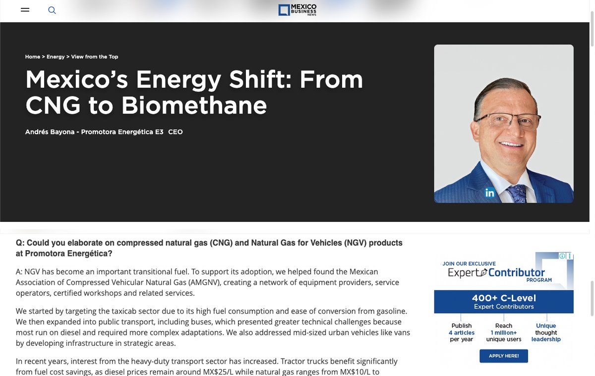 Te compartimos la entrevista que Andrés Bayona, Socio Director de E3 dio a la revista <a href="/renewablemexico/">Mexico Energy</a> Mexico Business Publishing donde habló sobre la transición energética de México: del GNC al biometano y temas de suma importancia para la industria.
mexicobusiness.news/energy/news/me…