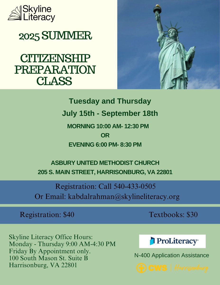 Skyline Literacy is excited to offer classes to help individuals prepare for the U.S. citizenship process — from learning U.S. history and civics to practicing for the naturalization interview and test.

#CitizenshipClasses #SkylineLiteracy #NaturalizationPrep #CommunitySupport