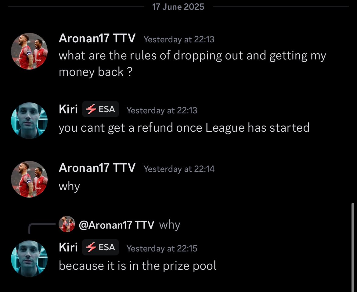 Beware of 7Lucky7 eSports or Aronan17 on Discord any Fellow Leagues!

He has tried to pull back money from entry fee after losing first game.

Proofage below. Please Retweet to ensure Leagues stay safe and do not lose money to people like this.