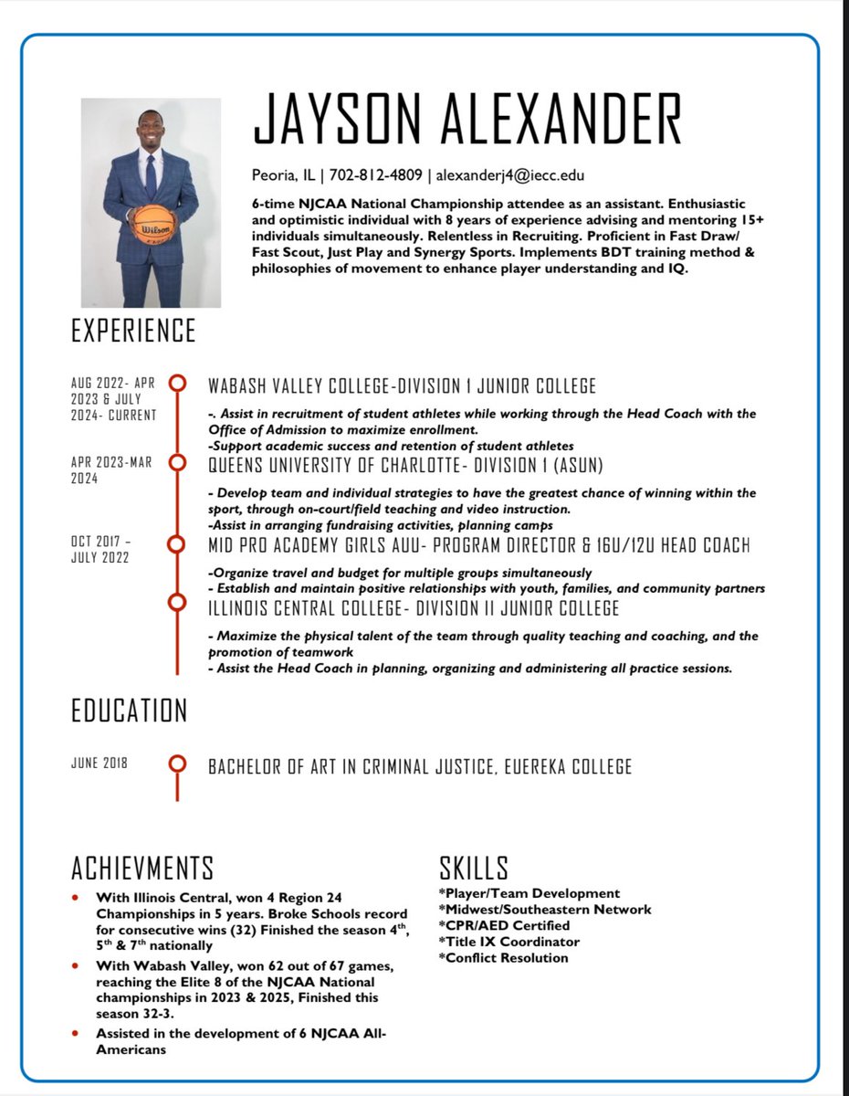 I am in the coaching transfer portal, open to any opportunity to continue to grow with the game. 
I have 8 years of college coaching experience 
I am ELITE in PD, scout prep &amp; have a vast recruiting network. 
More info in resume attached below.
