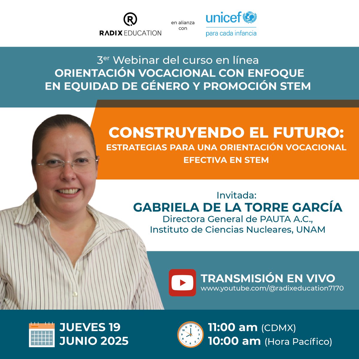 3er webinar | Construyendo el Futuro: Estrategias para una Orientación Vocacional Efectiva en STEM con Gabriela de la Torre García, directora de PAUTA A.C. y referente en la educación de NNA con altas capacidades.
11 am (CDMX) | 10 am (Hora Pacífico)

youtube.com/@radixeducatio…