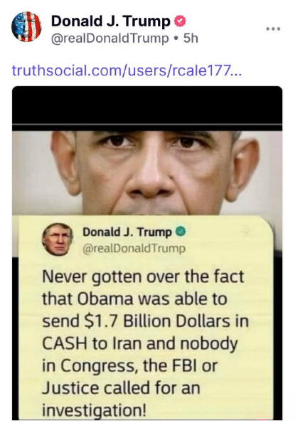 janeway888's tweet image. Trump r/t'd a post this morning (5:32am) about the PALLETS OF CASH OBAMA SENT TO IRAN👇

Time to flush out the traitors.