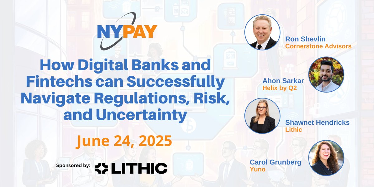 NYPAYGROUP's tweet image. Risk, rules & rewards—digital banking success starts here.
Speaking: Ron Shevlin, @CornerstoneAdvs
Ahon Sarkar, Helix by Q2
Shawnet Hendricks, @lithic
Carol Grunberg, Yuno
Sponsored by: @lithic
t.ly/51Jhp
#NYPAY #fintech #payments #networking #fintech #banking