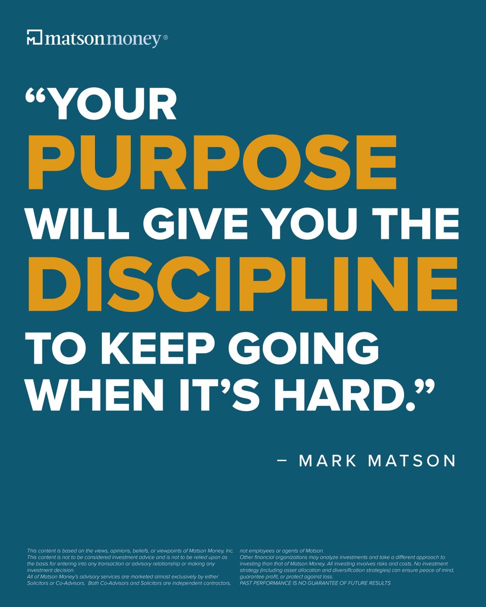 MatsonMoney's tweet image. When challenges arise, it’s your deeper purpose—not just willpower—that fuels the discipline to keep moving forward.